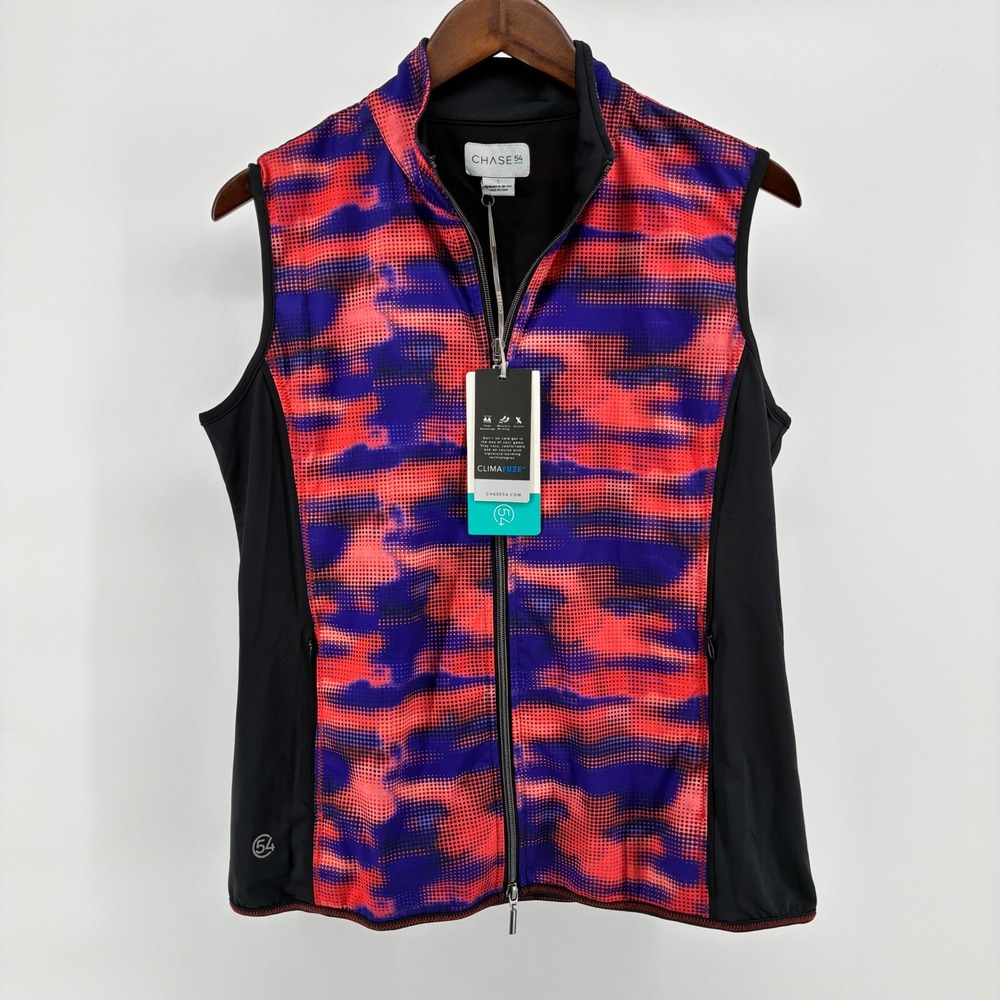 Chase 54 Womens Climafuze Golf Vest Pink Purple Blue Camo Print Full Zip Large